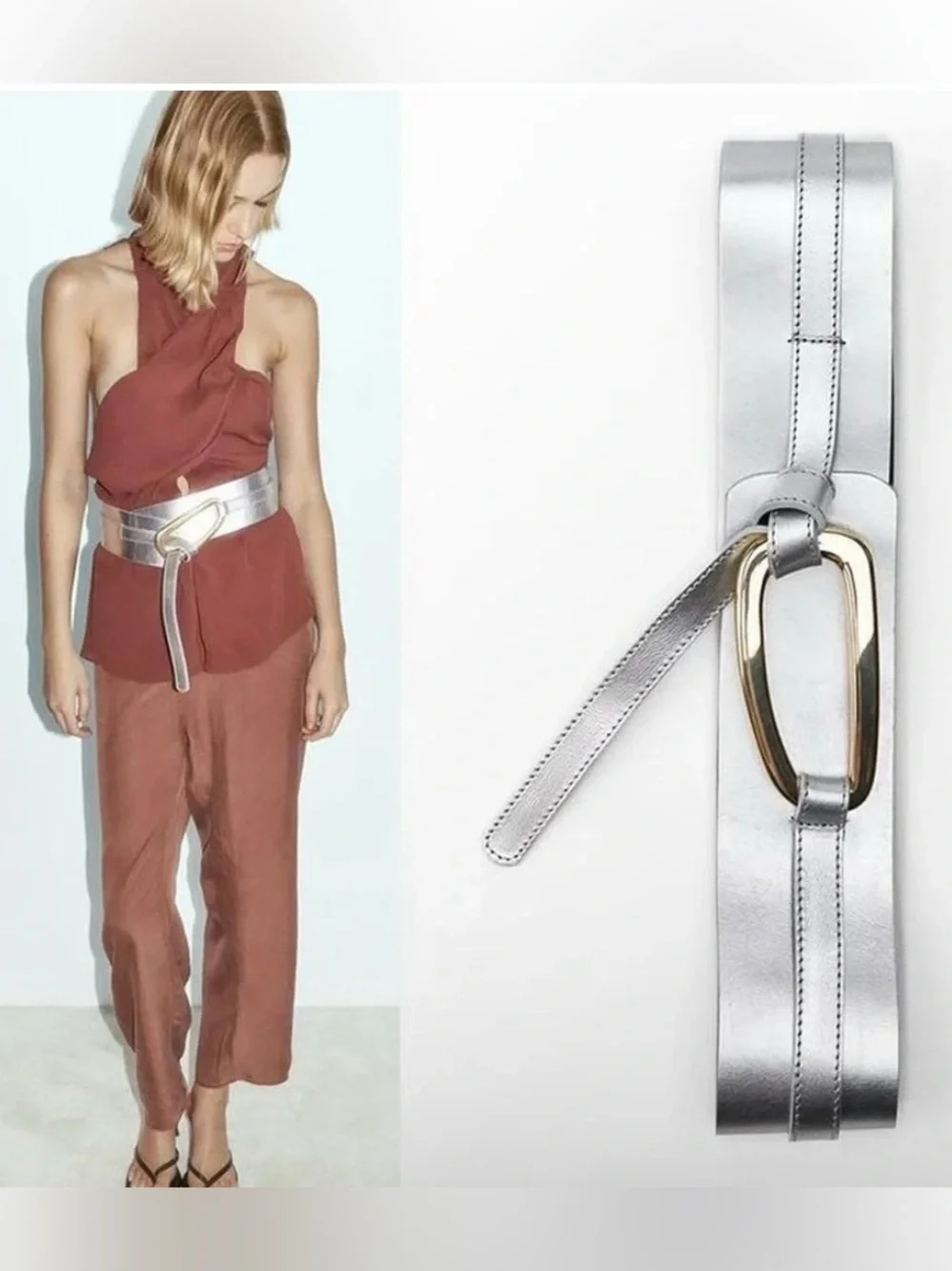 Zara Metallic Silver Wide Waist Belt with Gold-Tone Loop Buckle